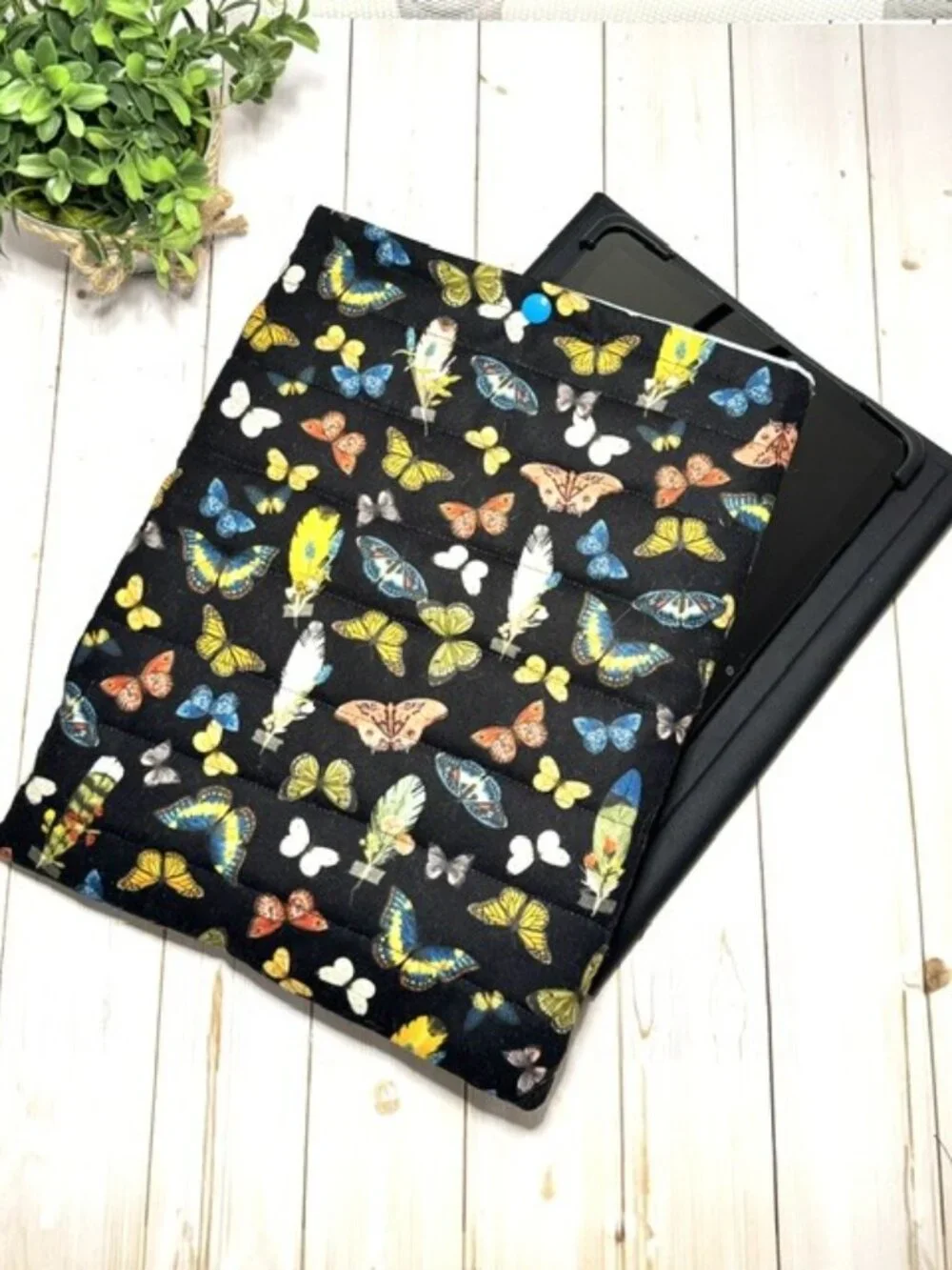 Quilted Butterfly Bible Cover | Padded Book Sleeve, Tablet Case (Black)